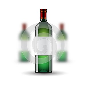 Three realistic mock up green bottle of wine on white background