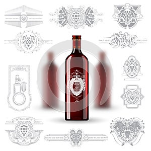 Three realistic mock up red bottle of wine and set of silhouette labels on white background