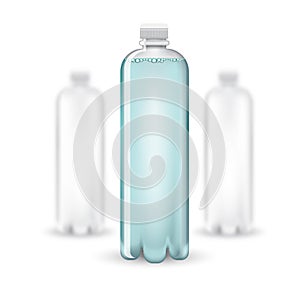 Three realistic mock up white plastic bottle with clean blue water on white background