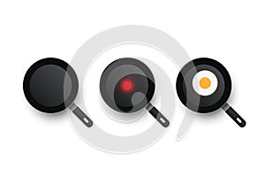 Three realistic vector pans. The process of cooking fried eggs. Cold and hot frying pan.