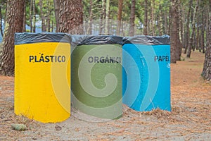 Three recycle bins between trees