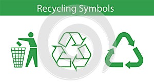 Three recycling symbol icons set - recycle bin and arrows