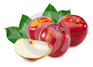 three red apples with green leaves isolated on white background. clipping path.