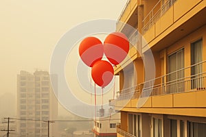 three red balloons tied to the side of a building