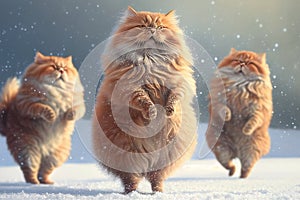Three red cats dancing in the snow. Generative Ai
