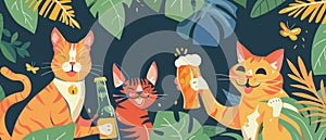 Three red cats drink beer in the jungle. Friends reunion. Beer festival. Flat illustration banner 7:3