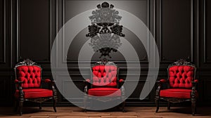 Three red chairs in front of a black wall. Generative AI image.