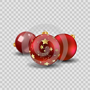 Three red Christmas balls with gold stars, empty and  transparent New year toy decoration - vector