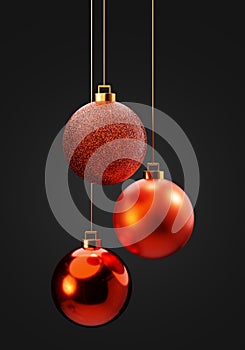 Three red Christmas balls hanging on gold strings 3d render illustration. Christmas decorations.