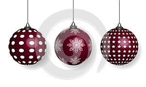 Three Red Christmas balls isolated on transparent background. Vector Xmas 3D realistic glass balls