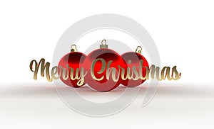 Three red christmas balls with merry christmas text on white background.