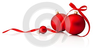 Three red Christmas decoration baubles with ribbon bow isolated