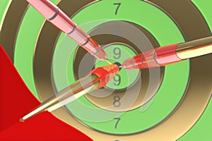 Three red darts hitting the bullseye. 3d illustration