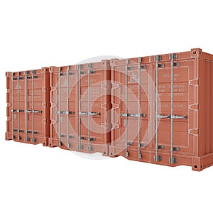 Three Red Delivery Cargo Containers. Shipping Container. Realistic 3D Render. Isolated On White Background