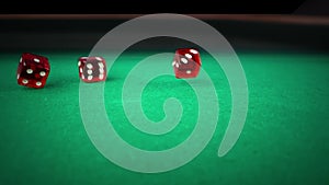 Three red dice rolling on green game gambling table on black background, shooting with slow motion, concept of sport recreation