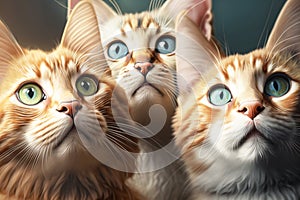 The three red-haired cats look up. Close-up
