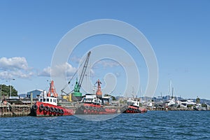 Three red harbour maintenance boats alongside dock