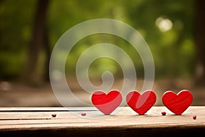 Three Red Hearts on Wooden Surface in Nature