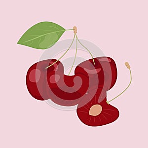 Three red juicy cherries with leaf