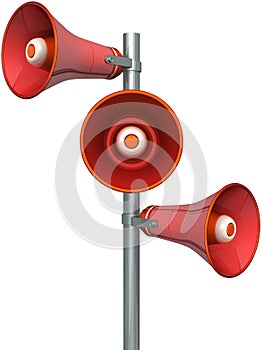 Three red loudspeakers