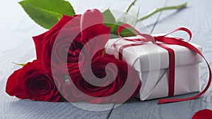 three red roses with gift box on blue table and falling petals in slowmo