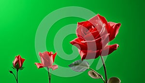 Three Red Roses Stages of Bloom Isolated on Green Screen Background for Vfx Musical Projects Studio Production Element with Green