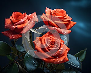 three red roses with water droplets on a dark background