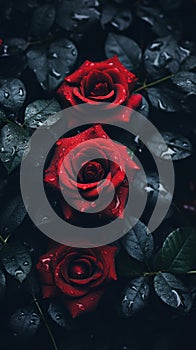 three red roses with water droplets on them