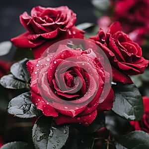 three red roses with water droplets on them