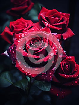three red roses with water droplets on them