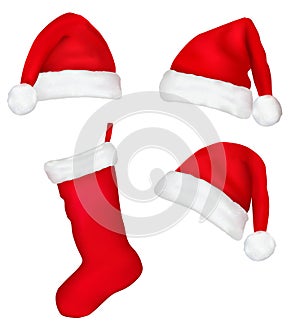 Three red santa hats and christmas stocking. photo