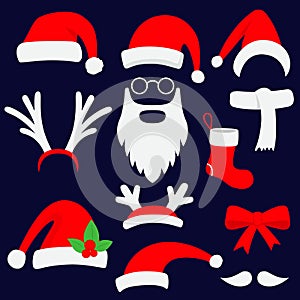 Three red santa hats, horns, mustache, beard and christmas stocking.