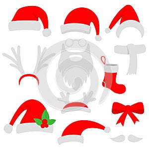 Three red santa hats, horns, mustache, beard and christmas stocking.