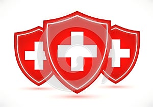 Three red shields with white crosses isolated on white background