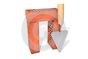 Three red silicate bricks stacked in a pile with a trowel Isolated on white background.