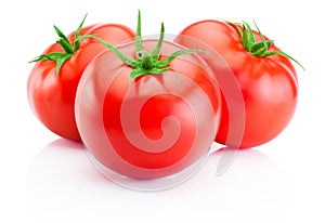 Three red tomatoes isolated on white background