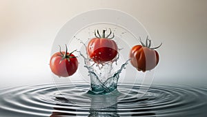 Three red tomatoes on a vine splashing into a pool of water. photo