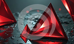 Three red triangular objects with reflective surfaces are arranged in triangular formation, with dark