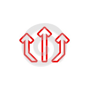 Three red way direction arrow icon isolated on white background. Triple arrows color icon