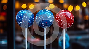 Three red white and blue cake pops on a stick