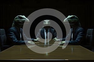 Three reptile men in business suits sitting at the table in dark room, secret world government concept