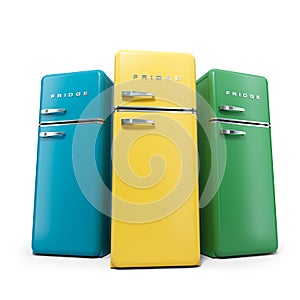 Three retro fridges in yellow, green and blue colors in a row 3D