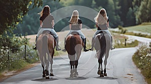 Three riders on horseback enjoy a serene trail ride in the countryside. Exploring nature on horseback. Casual equestrian