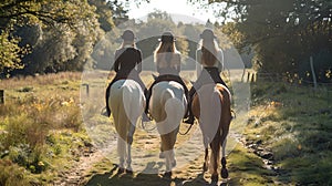 Three Riders on Horseback Enjoying a Peaceful Trek in Nature. Serene Trail Ride. Casual Equestrian Lifestyle Captured