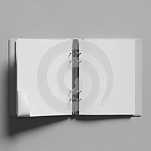 A three-ring binder with a sleek, metal mechanism is open to display blank, white page