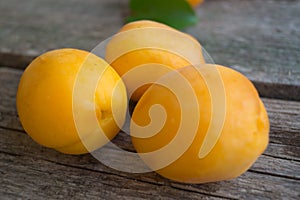 Three ripe apricots on the grey wooden background