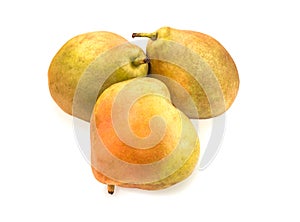 Three ripe blushful pears isolated on white.