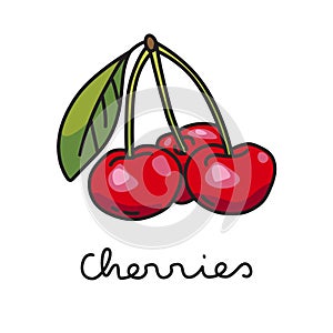 Three ripe cherries on white background