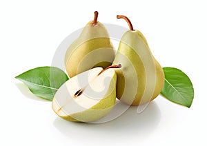 Three ripe fresh pears with leaves on white background.Macro.AI Generative