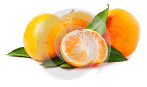 Three ripe mandarins isolated on white background